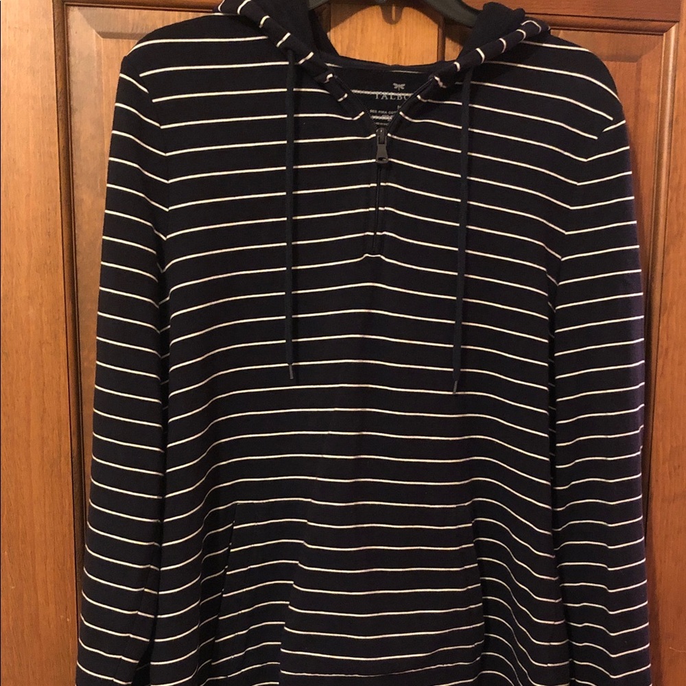 Talbots Navy and White Striped Quarter Zip Hooded Pullover